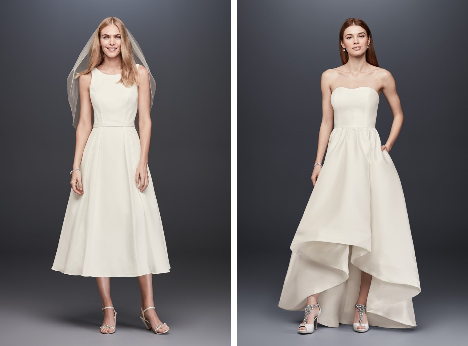 Women modeling short wedding dresses