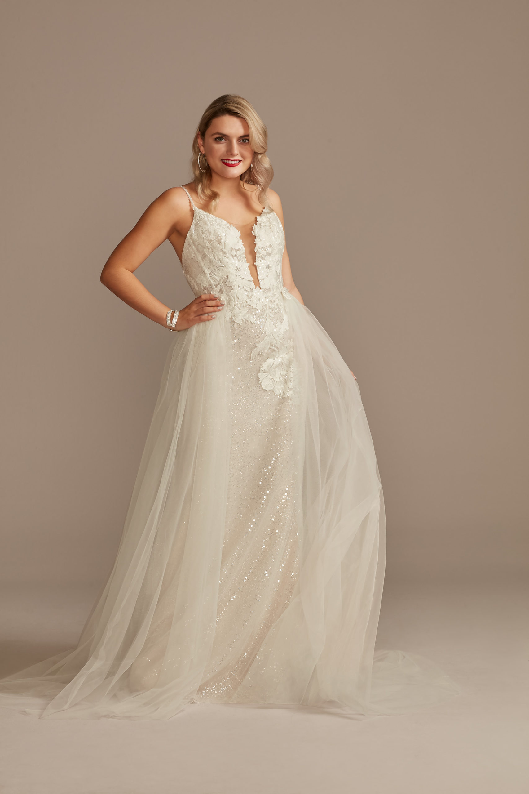 bride wearing Sequin Applique ethereal Wedding Dress with Removable Train